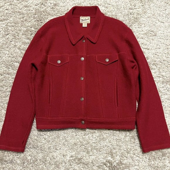 Woolrich 100% Wool Cherry Red Collared Button-Up Blazer Jacket - Womens sz L - Picture 1 of 4